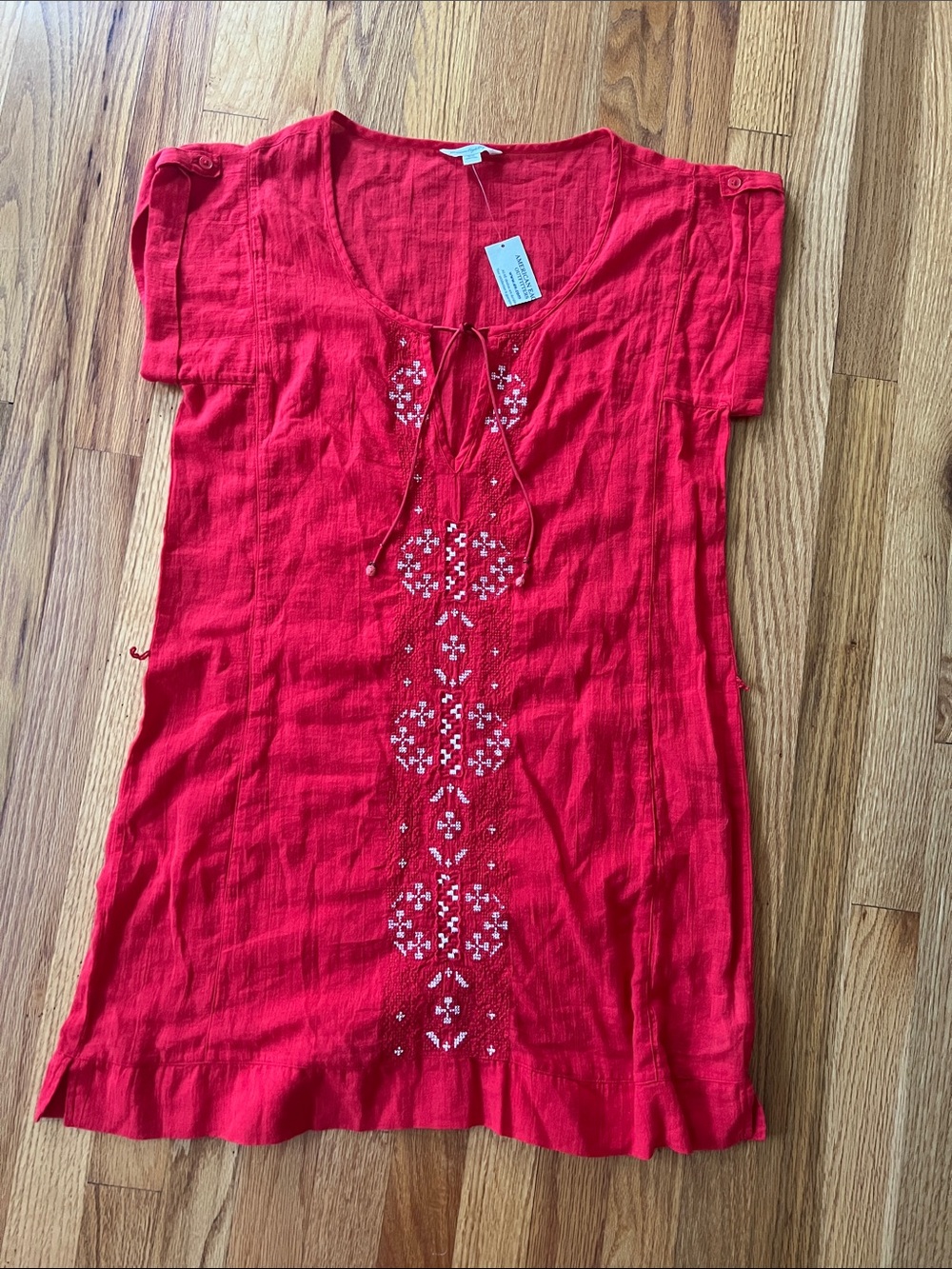 American Eagle Outfitters Bright Red Embroidered Tie-Neck Tunic/dress